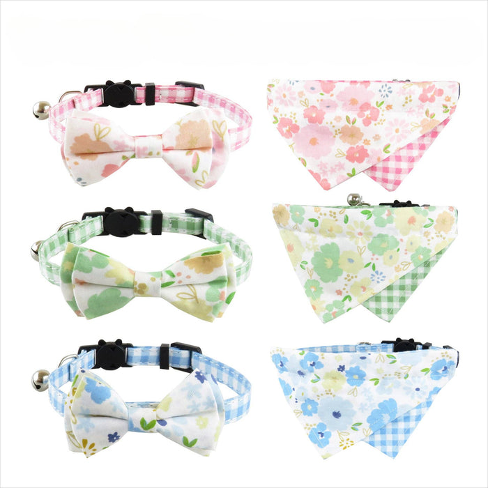 Mokka - Floral Bow Tie Cat Collar: Green / Bandana