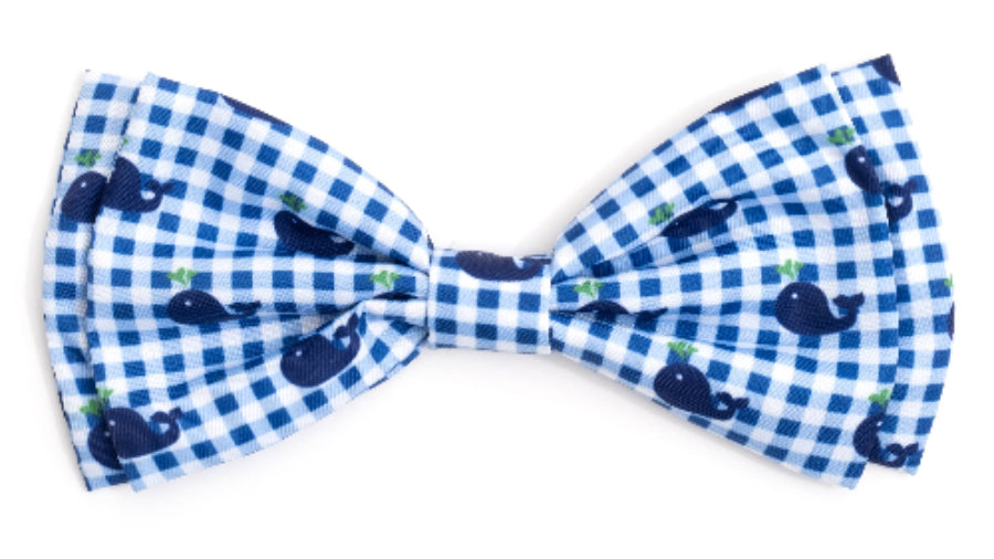 Gingham Whales Bow Tie: Blue / Small