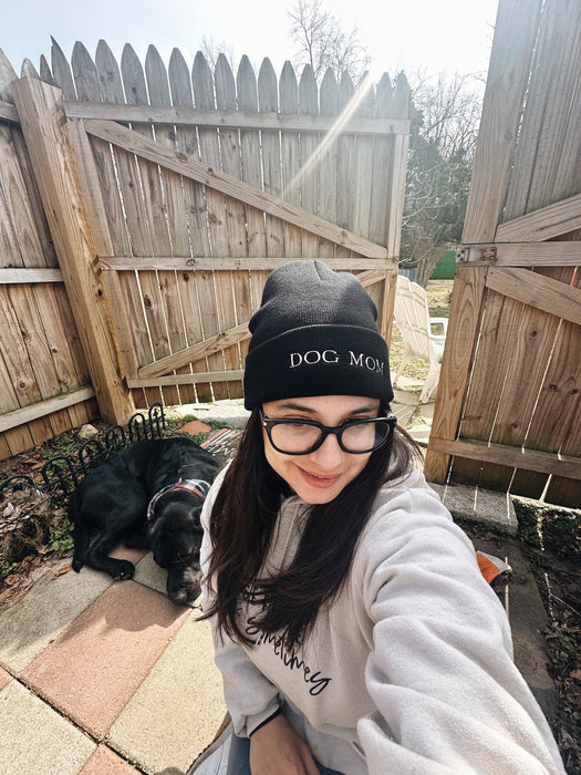 Dog mom beanie with lavender embroidery, dog lover hat