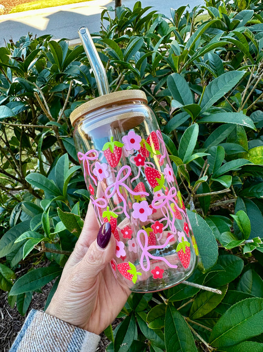 Pink Bow Strawberry Glass Cup