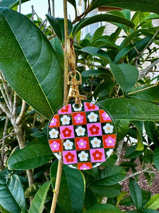 Pink Checkered Flower Keychain