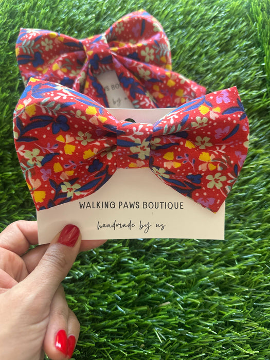 Red and blue floral bow for dogs: Girls ( sailor bow)